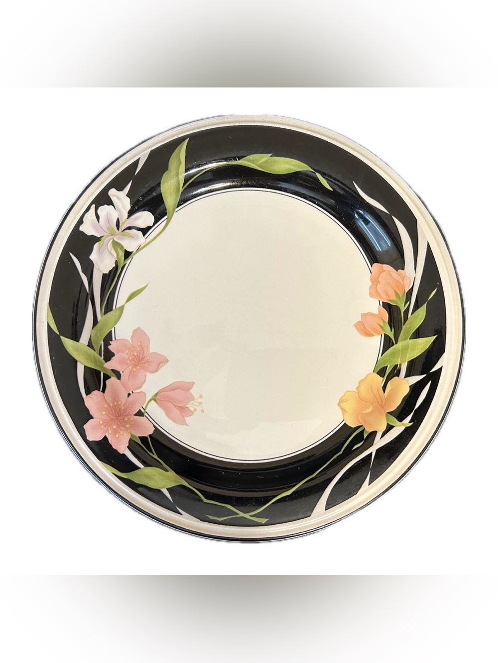 Sango Stone 3665 Memories Salad Plate. Black/Pink/Peach Floral Print.